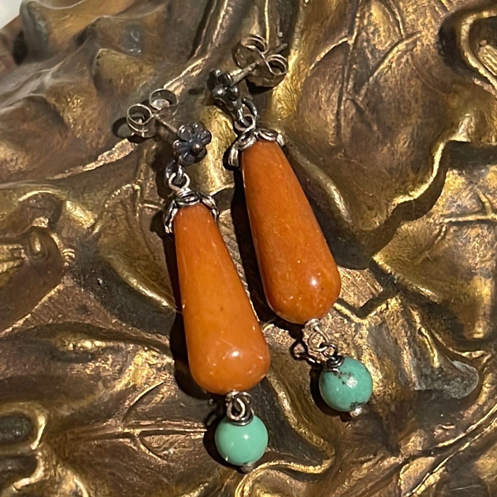 Pierced earrings sterling silver flower studs with carnelian drops and turquoise